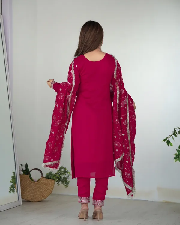 Dark_Pink_Pure_Silk_Blooming_Rangoli_Kurta,_Pant_&_Dupatta_For_Women