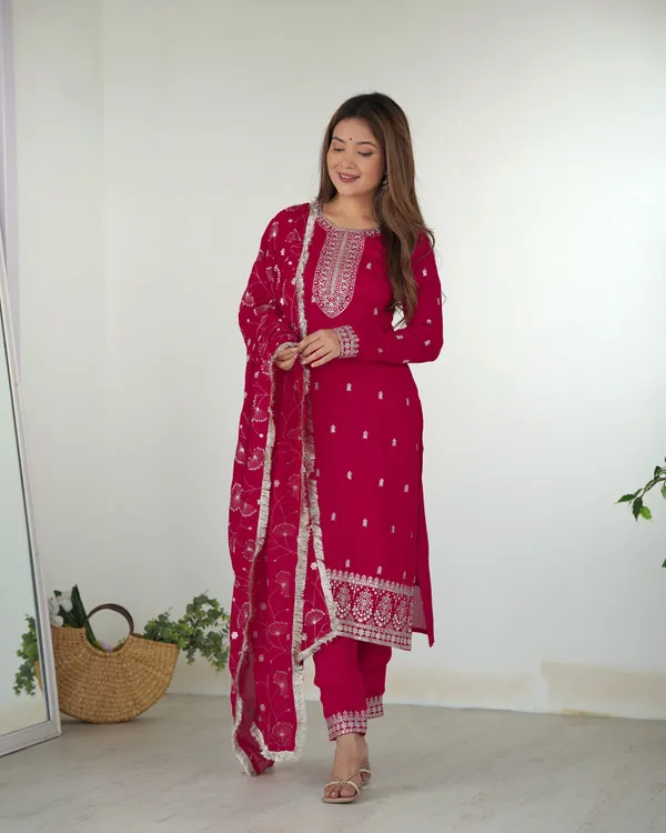 Dark_Pink_Pure_Silk_Blooming_Rangoli_Kurta,_Pant_&_Dupatta_For_Women