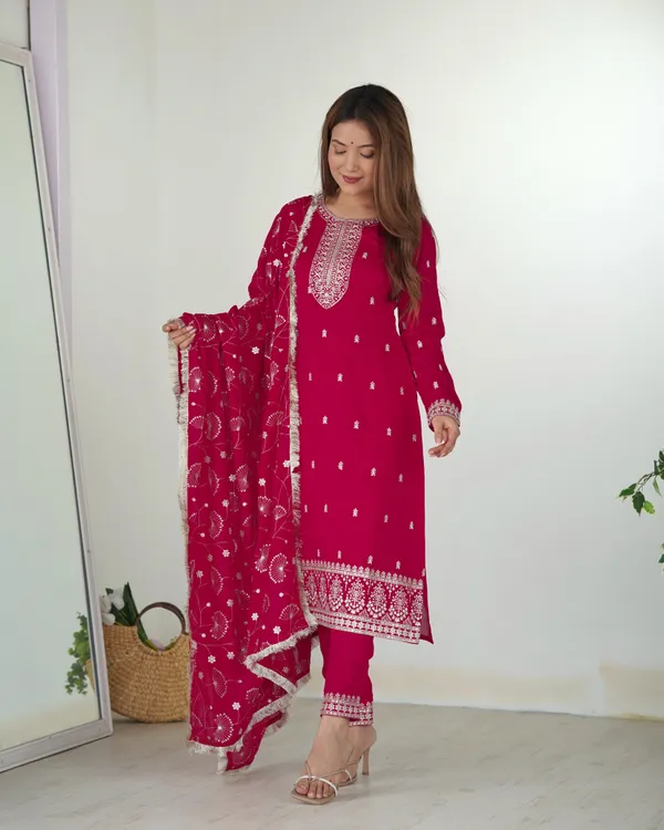 Dark_Pink_Pure_Silk_Blooming_Rangoli_Kurta,_Pant_&_Dupatta_For_Women