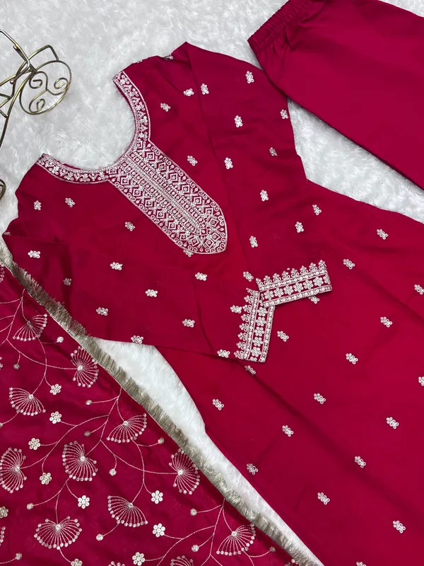 Dark_Pink_Pure_Silk_Blooming_Rangoli_Kurta,_Pant_&_Dupatta_For_Women