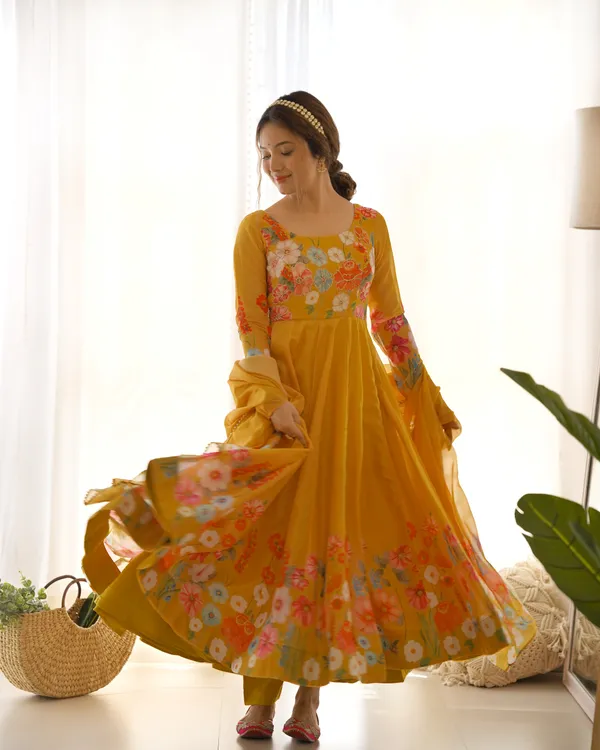 Yellow_Pure_Soft_Organza_Anarkali_Suit_Set_With_Huge_Flair,_Dupatta_&_Pant