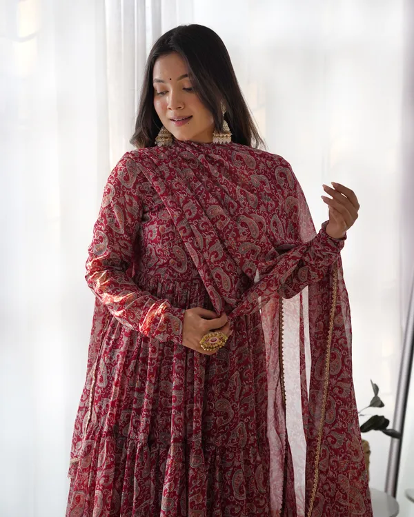Maroon_Pure_Soft_Fox_Georgette_Anarkali_Suit_Set_With_Huge_Flair,_Dupatta_&_Pant