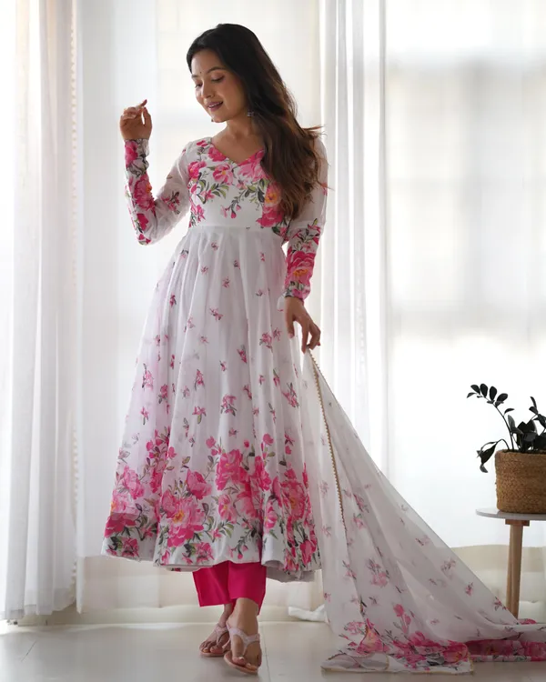 White_Pure_Soft_Organza_Huge_Flare_Anarkali_Suit_Set_With_Dupatta