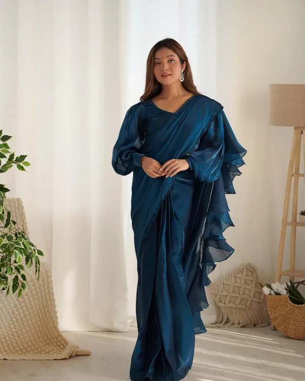 Dark_Blue_Silk_Jimmy_Choo_Organza_Saree_With_Ruffle_For_Women