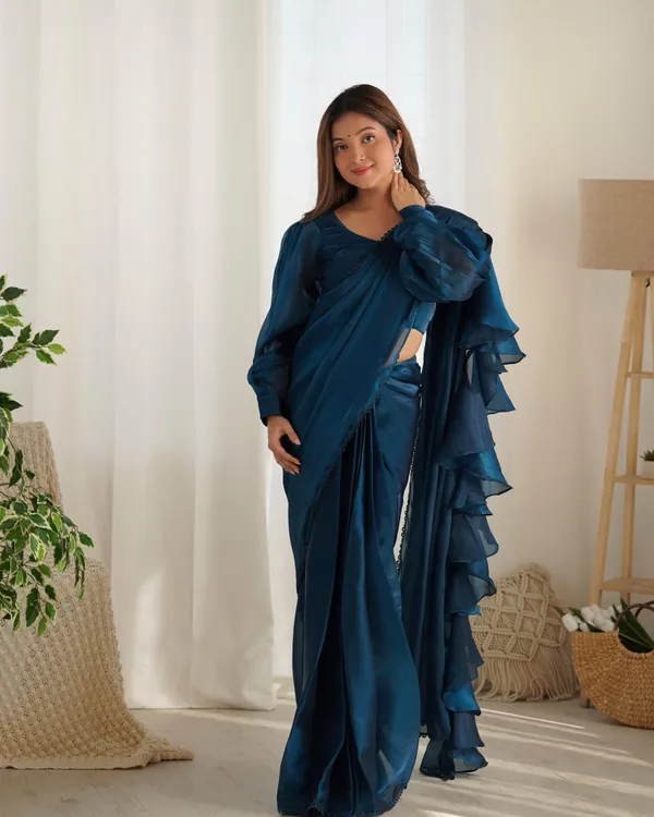 Dark_Blue_Silk_Jimmy_Choo_Organza_Saree_With_Ruffle_For_Women