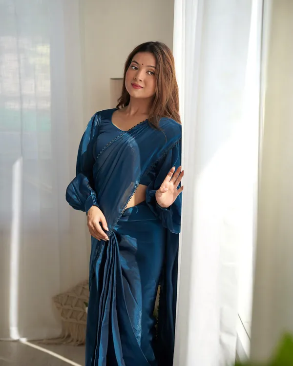 Dark_Blue_Silk_Jimmy_Choo_Organza_Saree_With_Ruffle_For_Women