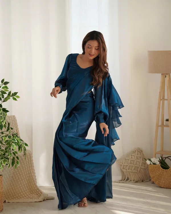 Dark_Blue_Silk_Jimmy_Choo_Organza_Saree_With_Ruffle_For_Women