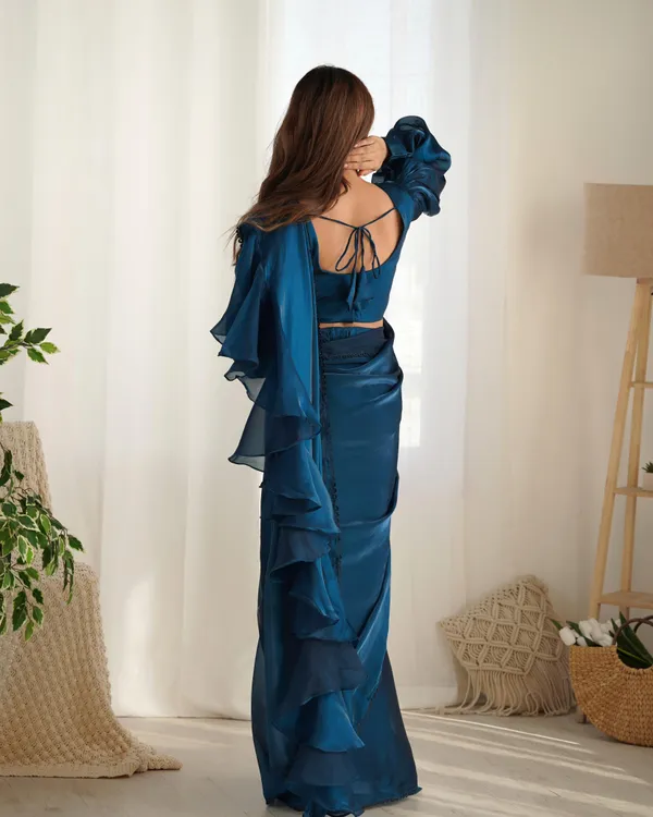 Dark_Blue_Silk_Jimmy_Choo_Organza_Saree_With_Ruffle_For_Women