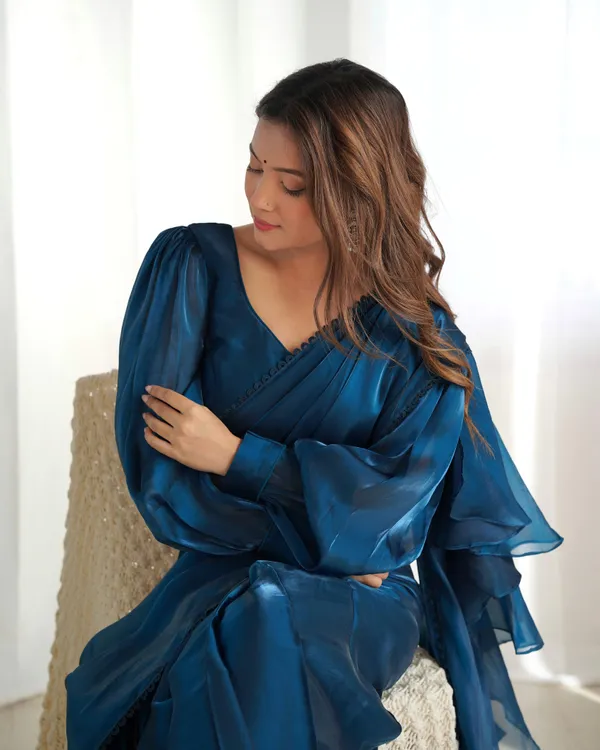 Dark_Blue_Silk_Jimmy_Choo_Organza_Saree_With_Ruffle_For_Women
