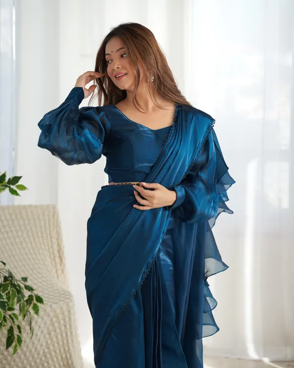 Dark_Blue_Silk_Jimmy_Choo_Organza_Saree_With_Ruffle_For_Women