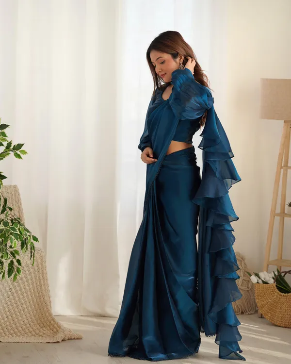 Dark_Blue_Silk_Jimmy_Choo_Organza_Saree_With_Ruffle_For_Women