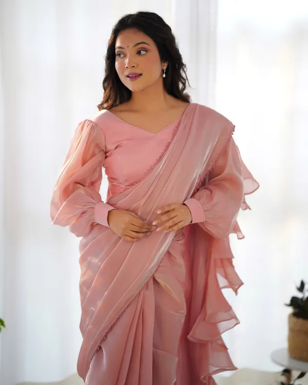 Pink_Silk_Jimmy_Choo_Organza_Saree_With_Ruffle_For_Women