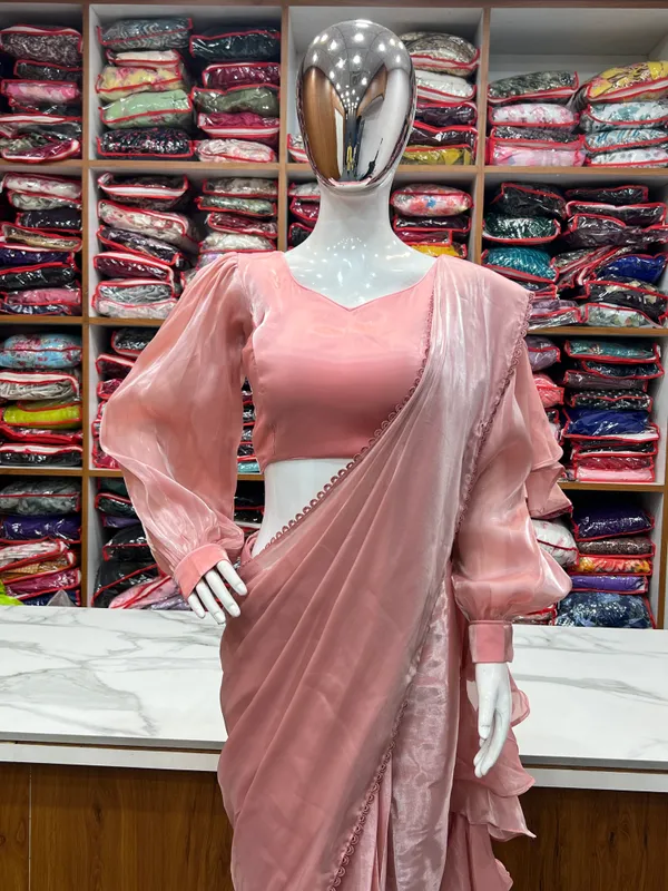 Pink_Silk_Jimmy_Choo_Organza_Saree_With_Ruffle_For_Women