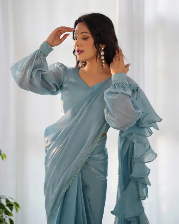 Sky_Blue_Silk_Jimmy_Choo_Organza_Saree_With_Ruffle_For_Women