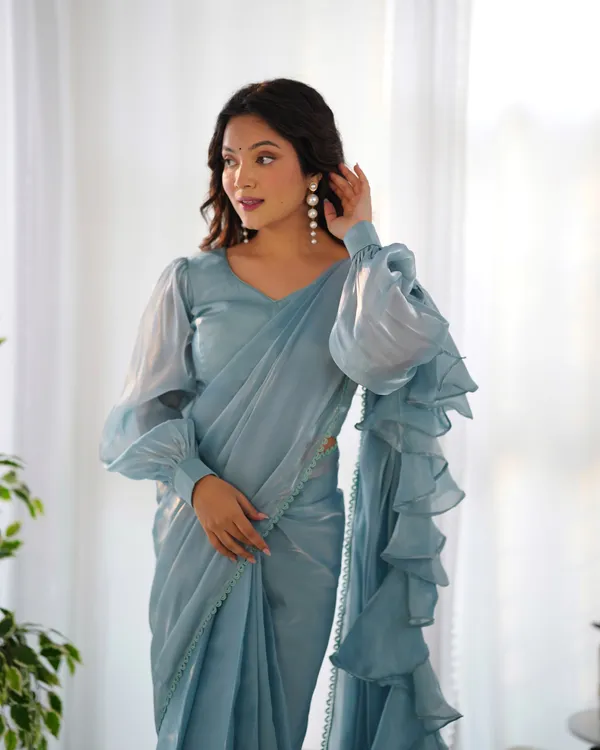 Sky_Blue_Silk_Jimmy_Choo_Organza_Saree_With_Ruffle_For_Women