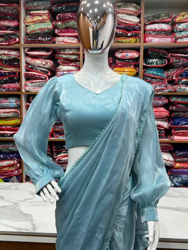 Sky_Blue_Silk_Jimmy_Choo_Organza_Saree_With_Ruffle_For_Women