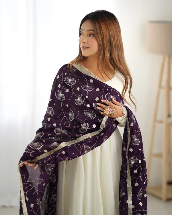 White_&_Violet_Vichitra_Silk_Huge_Flare_Anarkali_Suit_Set_With_Dupatta