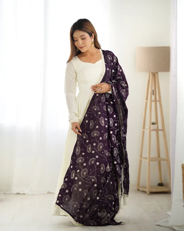 White_&_Violet_Vichitra_Silk_Huge_Flare_Anarkali_Suit_Set_With_Dupatta