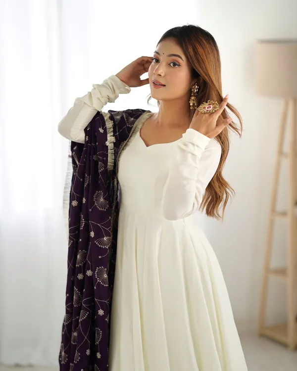 White_&_Violet_Vichitra_Silk_Huge_Flare_Anarkali_Suit_Set_With_Dupatta