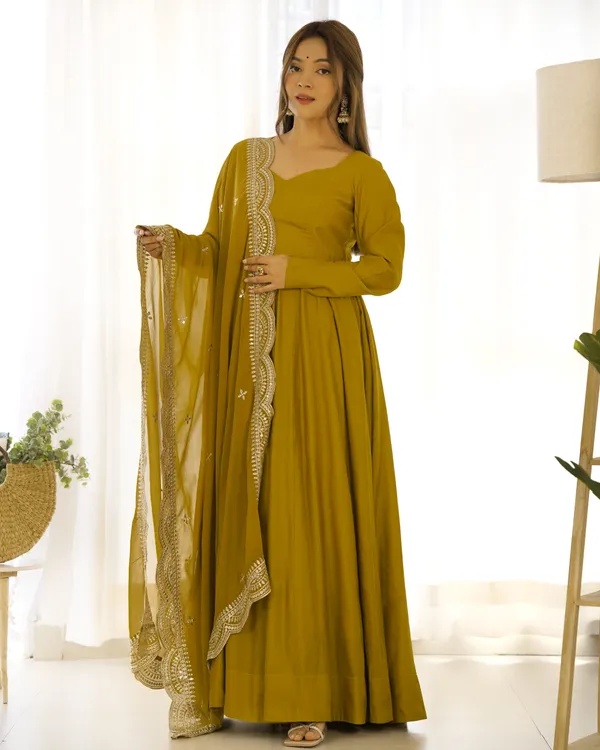 Mustard_Pure_Roman_Silk_Chanderi_Huge_Flare_Anarkali_Suit_Set_With_Dupatta