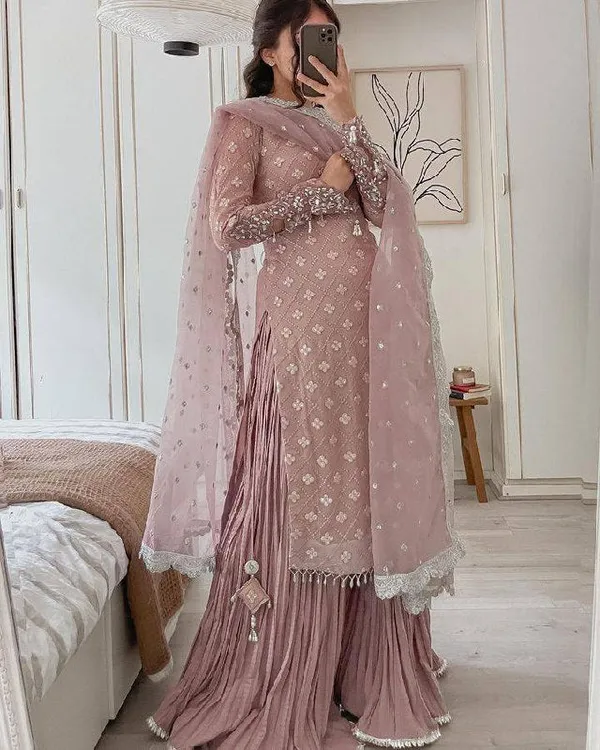Lavender_Georgette_Real_Mirror_And_Siqunce_Embroidery_Huge_Flare_Sharara_Suit_Set_With_Dupatta