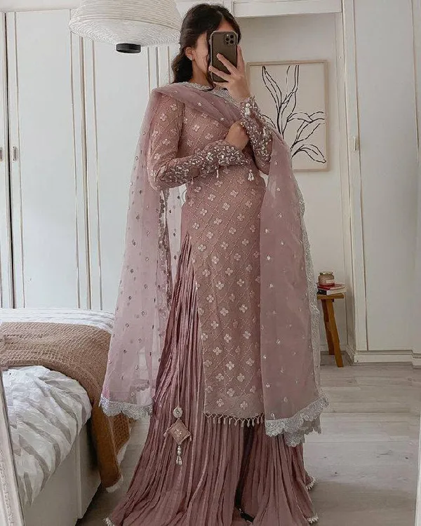 Lavender_Georgette_Real_Mirror_And_Siqunce_Embroidery_Huge_Flare_Sharara_Suit_Set_With_Dupatta
