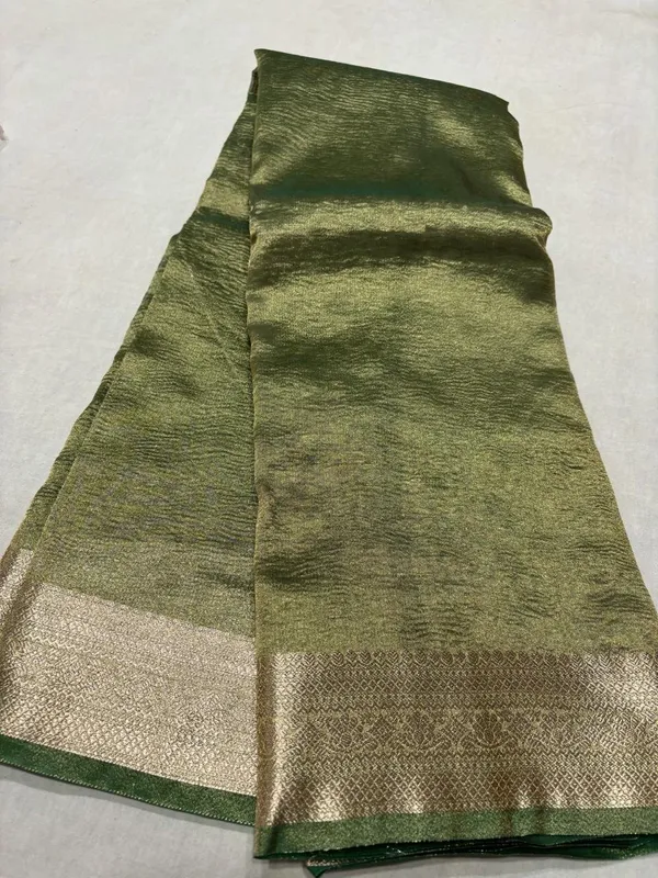 Dark_Green_Crush_Tissue_Golden_Zari_Border_Banarasi_Saree_With_Blouse_Piece