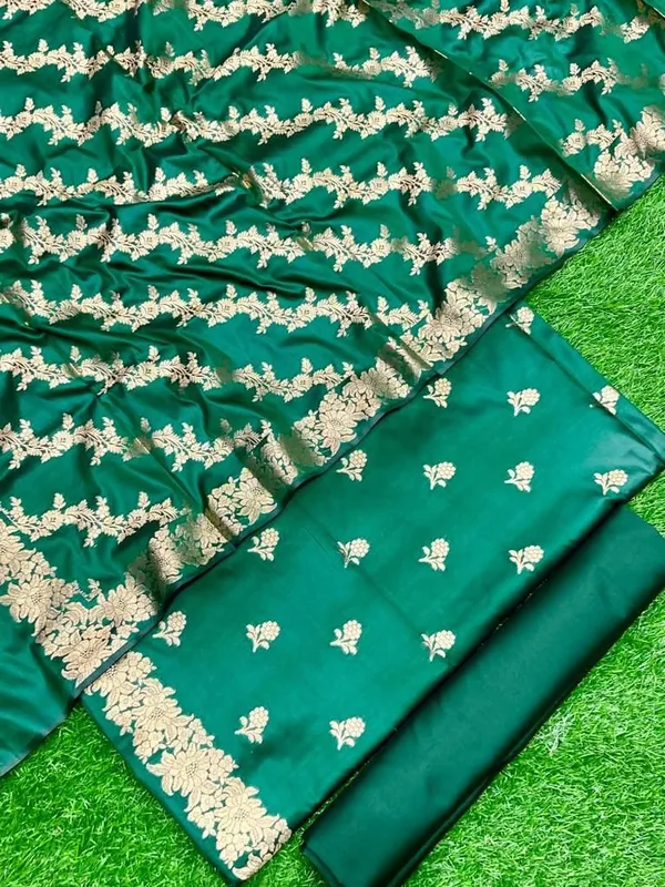 Green_Banarasi_Kataan_Silk_Golden_Zari_Buta_Weaving_Unstitched_Suit_Dupatta_With_Bottom