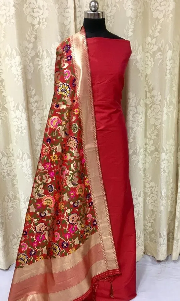 Red_Banarasi_Katan_Silk_Plain_Suit_With_Silk_Minakari_Dupatta_&_Plain_Bottom