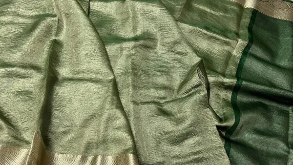 Dark_Green_Crush_Tissue_Golden_Zari_Border_Banarasi_Saree_With_Blouse_Piece