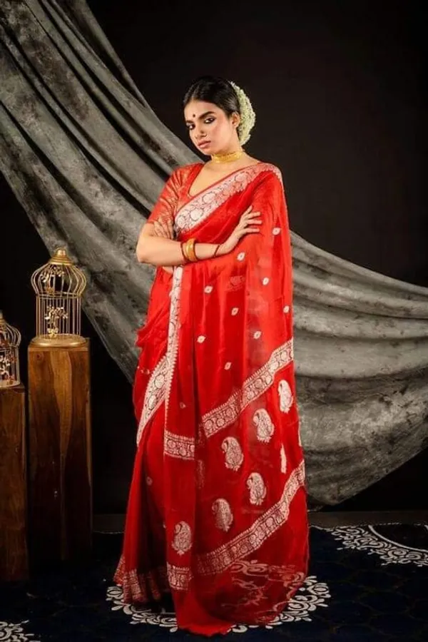 Pure_khaddi_Chiffon_Handloom_Fully_Kadhua__Silver_Zari_Buti_Banarasi_Saree..