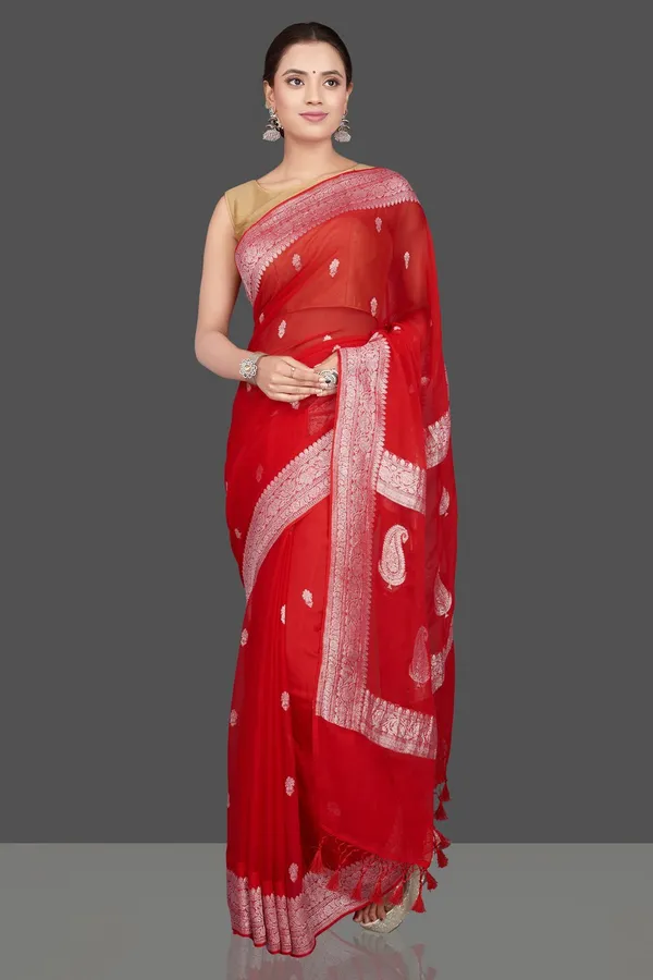 Pure_khaddi_Chiffon_Handloom_Fully_Kadhua__Silver_Zari_Buti_Banarasi_Saree..