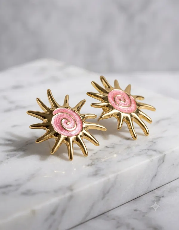 Pink_Enamel_Sunburst_Stud_Earrings_–_Gold_Plated_Vintage_Spiral_Statement_Jewelry_for_Women