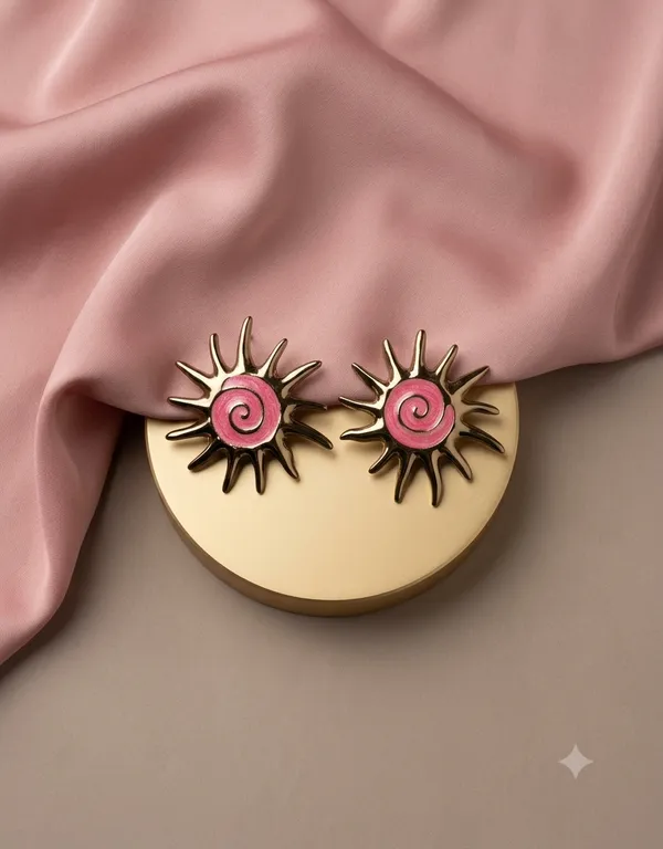 Pink_Enamel_Sunburst_Stud_Earrings_–_Gold_Plated_Vintage_Spiral_Statement_Jewelry_for_Women