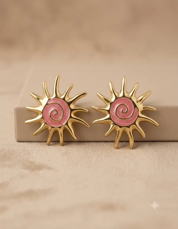 Pink_Enamel_Sunburst_Stud_Earrings_–_Gold_Plated_Vintage_Spiral_Statement_Jewelry_for_Women