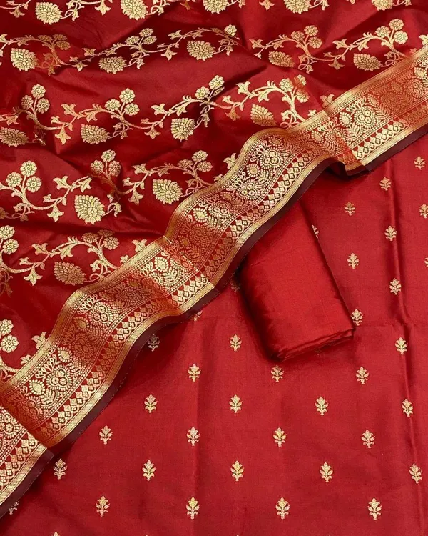 Red_Banarasi_Katan_Silk_Golden_Zari_Buta_Suit_With_Zari_Jaal_Dupatta_&_Plain_Bottom