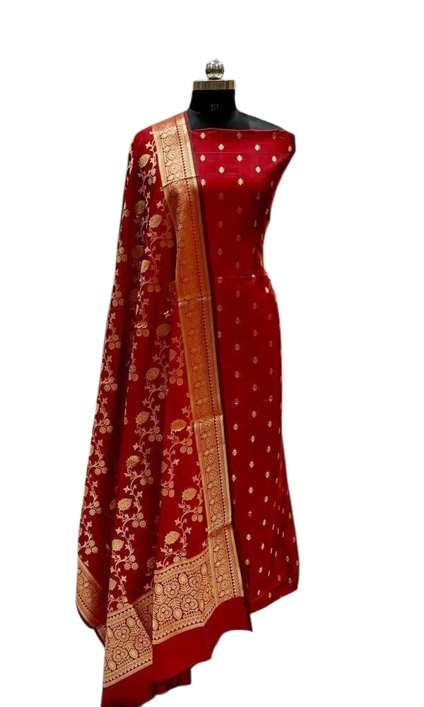 Red_Banarasi_Katan_Silk_Golden_Zari_Buta_Suit_With_Zari_Jaal_Dupatta_&_Plain_Bottom