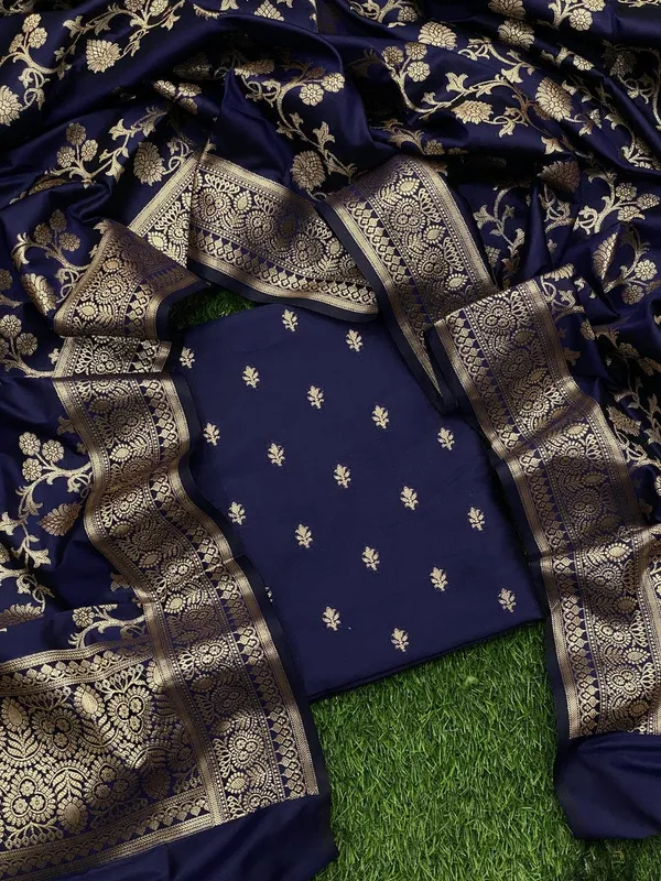 Blue_Banarasi_Katan_Silk_Golden_Zari_Buta_Suit_With_Zari_Jaal_Dupatta_&_Plain_Bottom