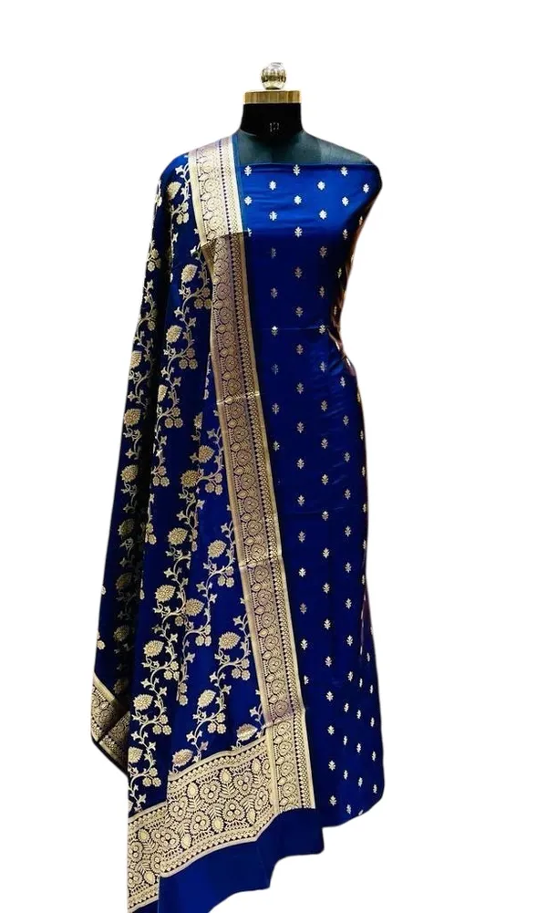 Blue_Banarasi_Katan_Silk_Golden_Zari_Buta_Suit_With_Zari_Jaal_Dupatta_&_Plain_Bottom