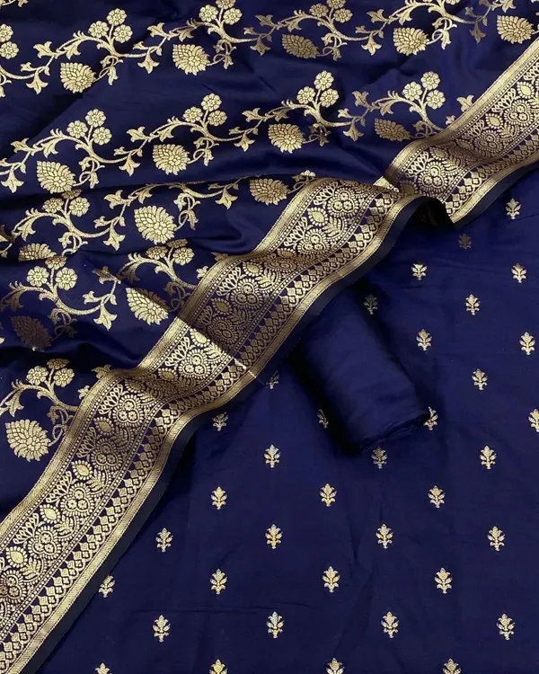 Blue_Banarasi_Katan_Silk_Golden_Zari_Buta_Suit_With_Zari_Jaal_Dupatta_&_Plain_Bottom