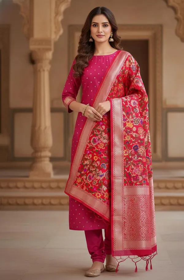 Exclusive_Banarasi_Unstitched_Salwar_kameez_with_Dupatta_BANARASI___SUIT_TOP-___silk_katan_matar_dana__weaving_booti__design_DUPATTA-__katan_silk_zari_and_resham_kimkhab_weaving__design_Bottom.__Plain_silk_katan_2.50_meter_each