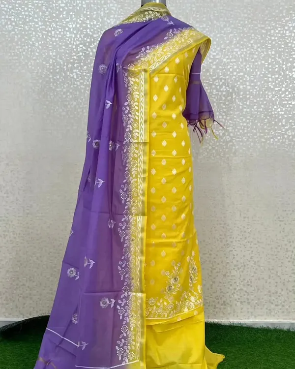 Exclusive_Banarasi_Unstitched_Salwar_kameez_with_Dupatta_BANARASI___SUIT__MERCERISED___silk_suit_TOP-__MERCERISED_SILK_dyble_resham_weaving_with_daman_embroidery_Work_DUPATTA-__mercerised_silk_with_embroidery_work_contrast_dying_BOTTOM-___cotton_silk__dyble_plain_2.50_meter_each