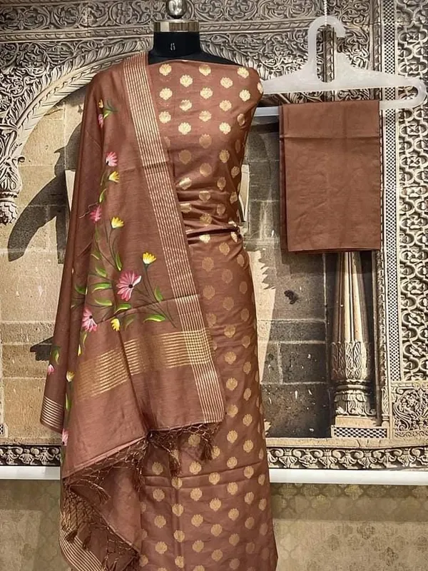 Exclusive_Banarasi_Unstitched_Salwar_kameez_with_Dupatta_BANARASI___SUIT___pure_mercerized_TOP-___pure_mercerised_zari__weaving_DUPATTA-_*_mercerised__silk__with_handbrush_flower_design_BOTTOM-___cotton_silk__dyble_plain_2.50_meter_each