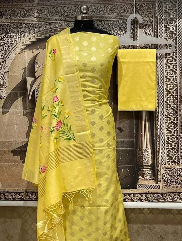 Exclusive_Banarasi_Unstitched_Salwar_kameez_with_Dupatta_BANARASI___SUIT___pure_mercerized_TOP-___pure_mercerised_zari__weaving_DUPATTA-_*_mercerised__silk__with_handbrush_flower_design_BOTTOM-___cotton_silk__dyble_plain_2.50_meter_each