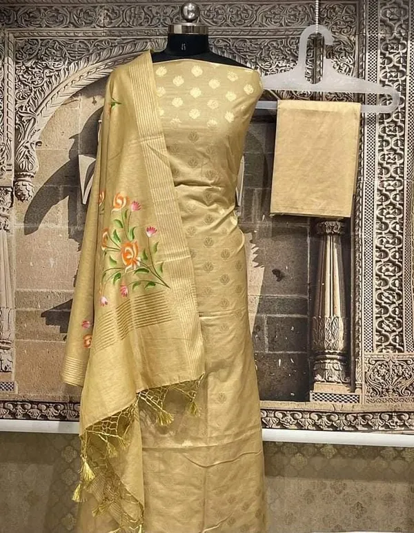 Exclusive_Banarasi_Unstitched_Salwar_kameez_with_Dupatta_BANARASI___SUIT___pure_mercerized_TOP-___pure_mercerised_zari__weaving_DUPATTA-_*_mercerised__silk__with_handbrush_flower_design_BOTTOM-___cotton_silk__dyble_plain_2.50_meter_each