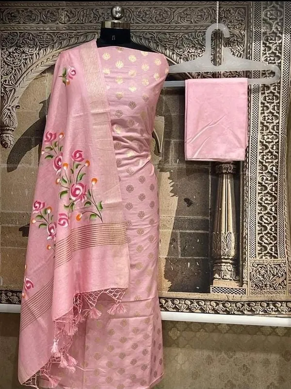 Exclusive_Banarasi_Unstitched_Salwar_kameez_with_Dupatta_BANARASI___SUIT___pure_mercerized_TOP-___pure_mercerised_zari__weaving_DUPATTA-_*_mercerised__silk__with_handbrush_flower_design_BOTTOM-___cotton_silk__dyble_plain_2.50_meter_each