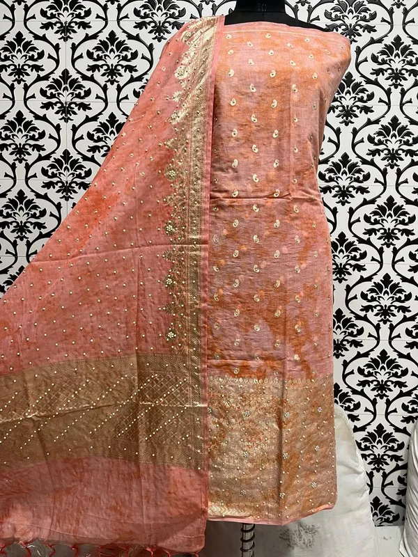 Pure_chanderi_suit_dupatta_with_hand_embroderiy_moti_work_&_plain_Bottom..