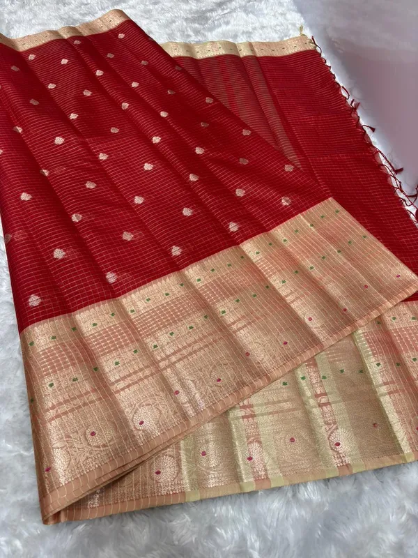 Exclusive_Premium_kataan_Cheks_with_gold_zari_Buti_&_meena_zari_Border_Banarasi_saree..