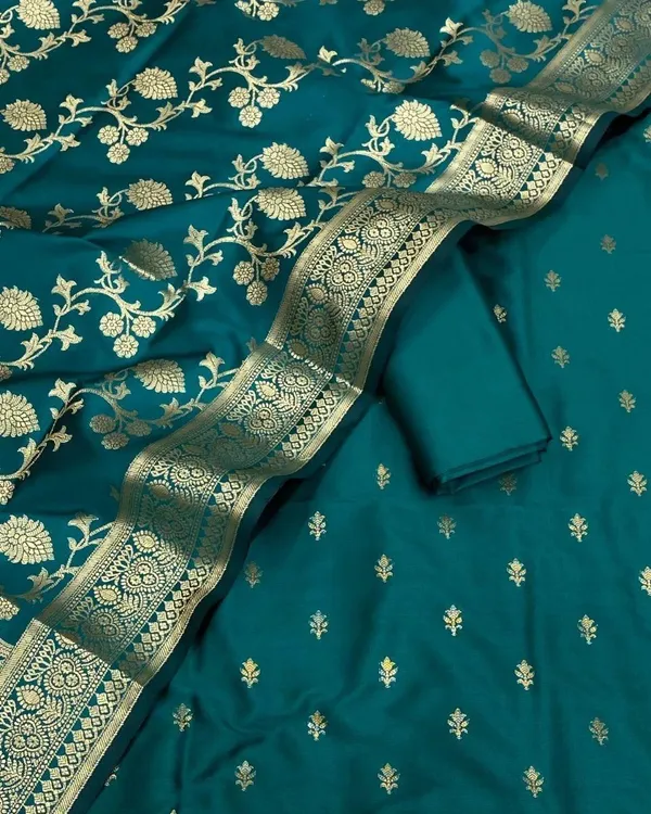 Green_Banarasi_Katan_Silk_Golden_Zari_Buta_Suit_With_Zari_Jaal_Dupatta_&_Plain_Bottom