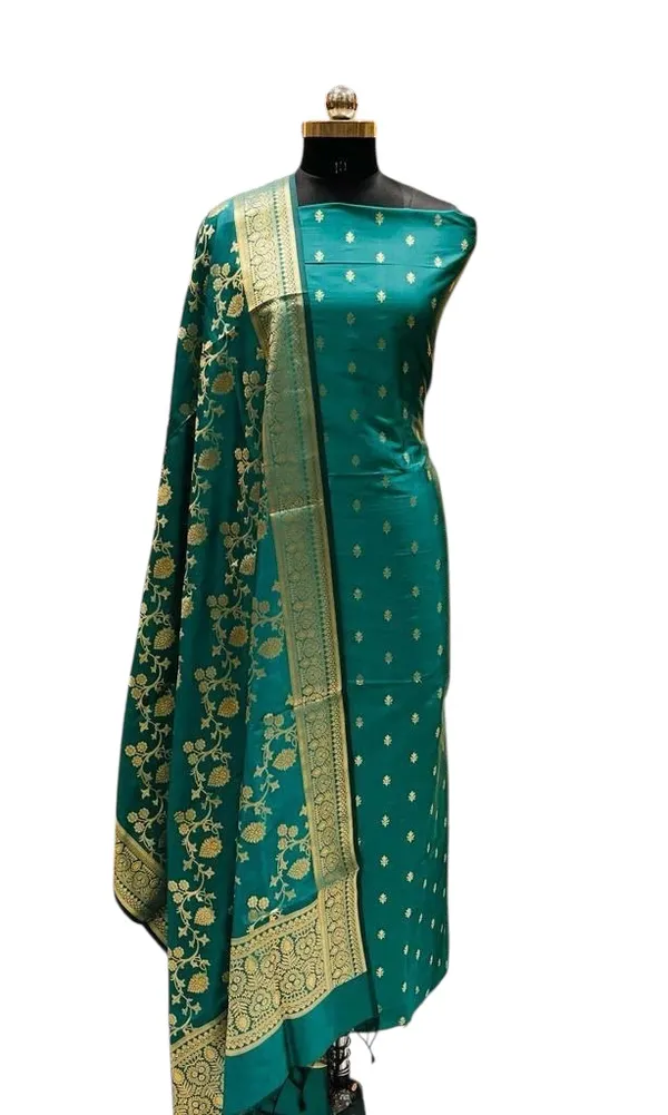 Green_Banarasi_Katan_Silk_Golden_Zari_Buta_Suit_With_Zari_Jaal_Dupatta_&_Plain_Bottom
